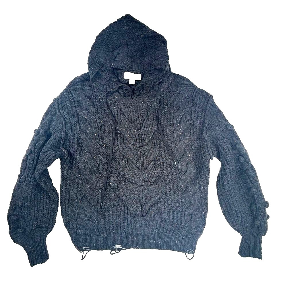 Wildfox Chunky Cable Knit‎ Sweater Charcoal Hoodie Frayed Destroyed Grunge Sz S